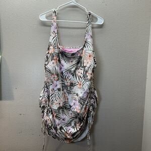 Lands End‎ Womens Hawaiian Floral Beach Swim Suit Dress Ruched Modest Size 16